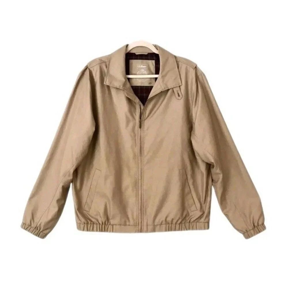 LL Bean Plaid Lined Full Zip Bi Swing Harrington Jacket H2Off Tan Khaki Men’s L